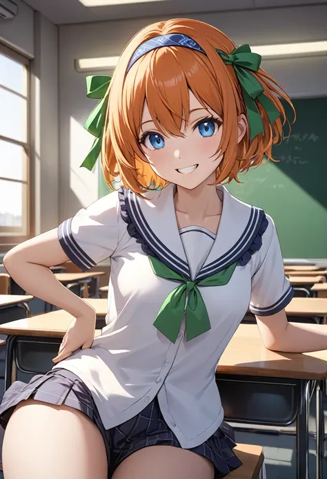 Yotsubanakano, Fourth floor Nakano, bangs, short hair, blue eyes, Hair between the eyes, hair ribbon, hair band, Orange Hair, (Green ribbon:1.5), smile, Grin,
Spread your legs、白い可愛い下着
break indoors, classroom,
break looking at viewer, (Cowboy Shot:1.5),
br...