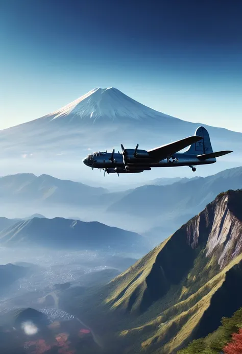 a highly detailed and realistic b-29 super fortress bomber flying over the majestic mount fuji against a clear blue sky, cinemat...