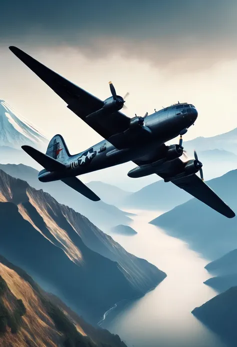 a highly detailed and realistic b-29 super fortress bomber flying over the majestic mount fuji against a clear blue sky, cinemat...