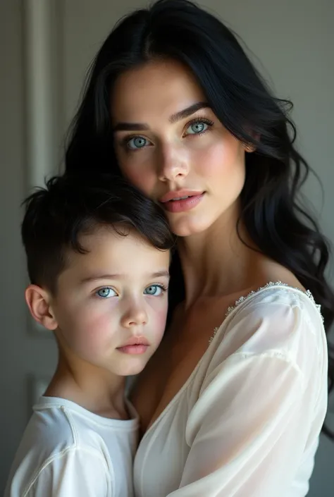 Make a beautiful white woman with black hair and blue eyes with her white son with black hair and blue eyes 