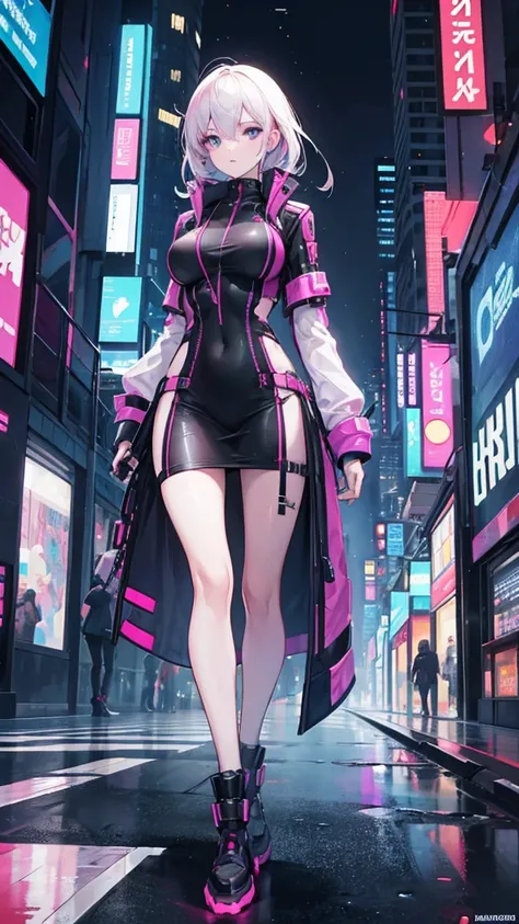 a pretty girl, walking through the city, cyberpunk style, futurist. Very sensual dress.