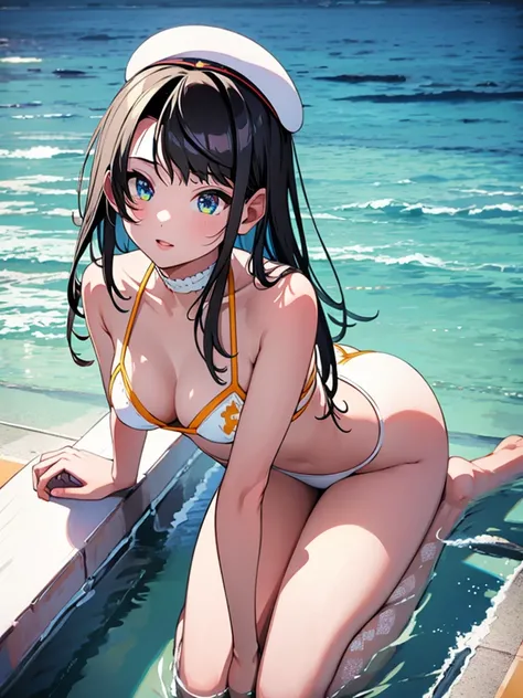 {Highest quality}、{very beautiful}、{Super detailed}、{Best illustrations}、NSFW、One person、Sheer white bikini swimsuit