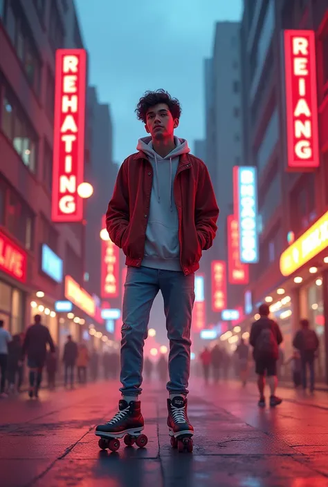 "A 17-year-old young man is standing on a city street wearing roller shoes. The street is bustling with urban life, and theres a vibrant energy in the air. On the road, glowing letters read REHAN SKATING, with colorful, luminous effects. The cityscape is l...