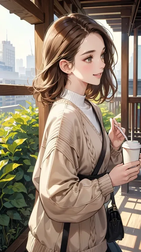 Watercolor, Line art, Monotony, Profile of a woman with a clear face through brown hair, holding a coffee cup in one hand, Look up, Stranger, smile, Brown loose half-up hairstyle and oversized knit sweater, From the chest up, Portrait, SLR, stroll, Fresh g...