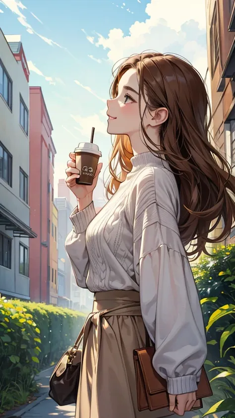 watercolor, line art, monotony, profile of a woman with a clear face through brown hair, holding a coffee cup in one hand, look ...