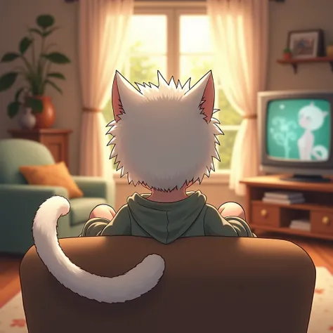 Back，男孩子的Back，长猫耳朵和猫尾巴的男孩子的Back，White short hair，White fur cat tail waving，在看电视的男孩的Back，Home Clothing，Home environment，Warmth