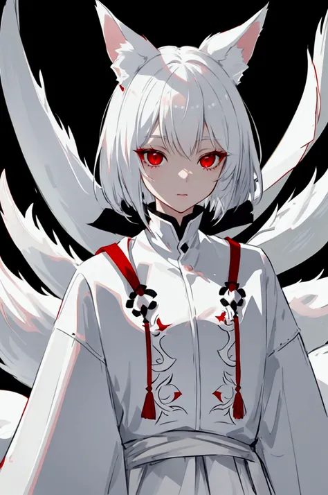 Silver hair, short hair, red eyes, cute face , White fox ears, nine white fox tails, There is a white fox mask on the top right of the head,white jacket 