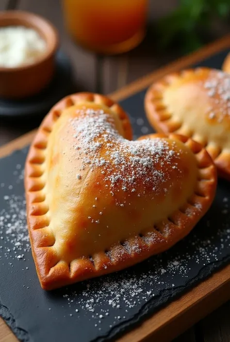 Heart-shaped empanada, with romantic and attractive shape, ideal to highlight on a menu.