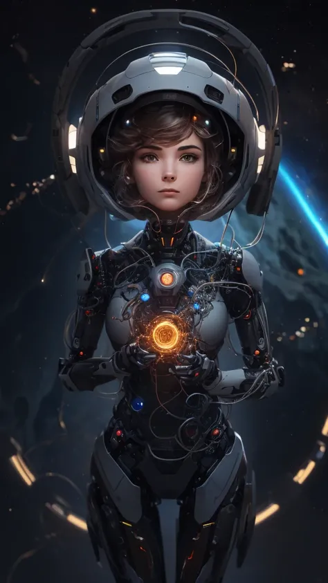 Full body, floating, Immersed in sidereal space, floating in the neural network of data, A woman depicted in a highly detailed and realistic manner, with a robot-like appearance. In the background we have infinite space in nothingness, in the darkness bill...