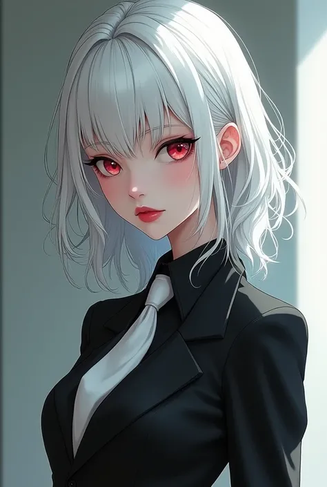 anime girl with white hair, albino eyes, pale skin, Red lips, black suit with white tie