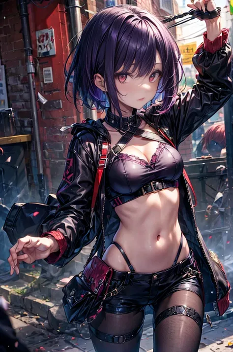 Dark purple hair, short hair, dark red eyes, ((Cool girl)), slim stomach, medium breasts