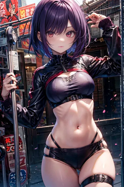 Dark purple hair, short hair, dark red eyes, ((Cool girl)), slim stomach, medium breasts