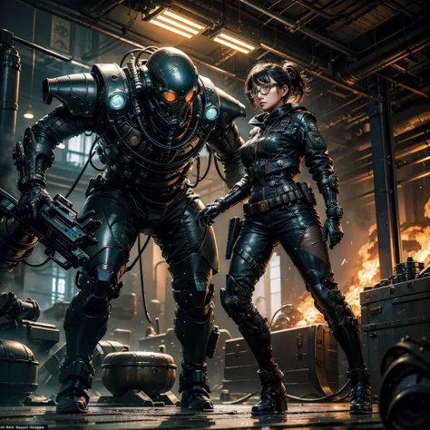 A woman with round glasses, sporting a futuristic steampunk military uniform, standing confidently facing an intimidating alien adversary in the midst of a battle-ready stance. The alien, with slimy tentacles and glowing eyes, looms menacingly in the backg...