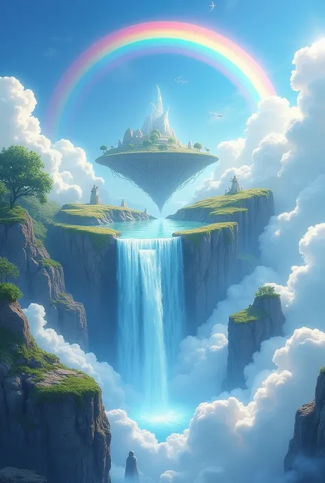 bright heaven in the clouds, floating in the sky, waterfall that refreshing create a enourmous beatufiul rainbow