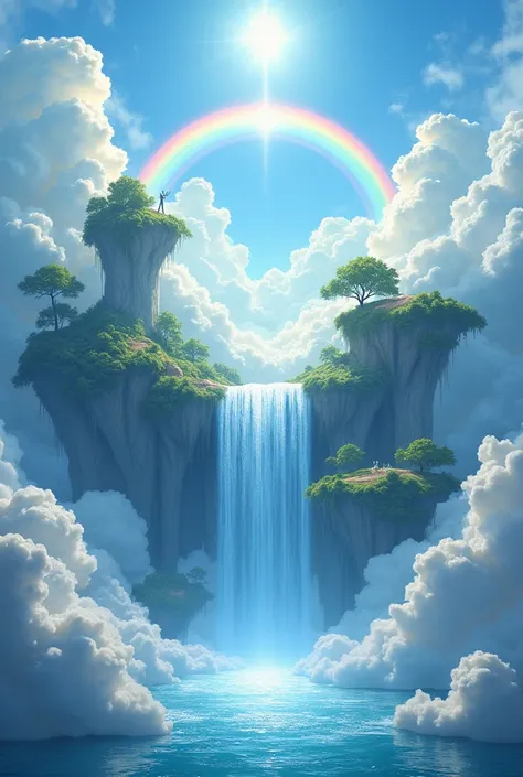 bright heaven in the clouds, floating in the sky, waterfall that refreshing create a enourmous beatufiul rainbow