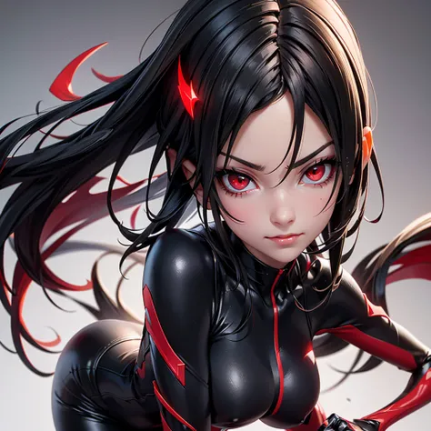 a woman + short black hair + straight hair + pale skin + red eyes + a red eye in the middle of her forehead + her eyes glow red + a smirk on her lips + a black suit