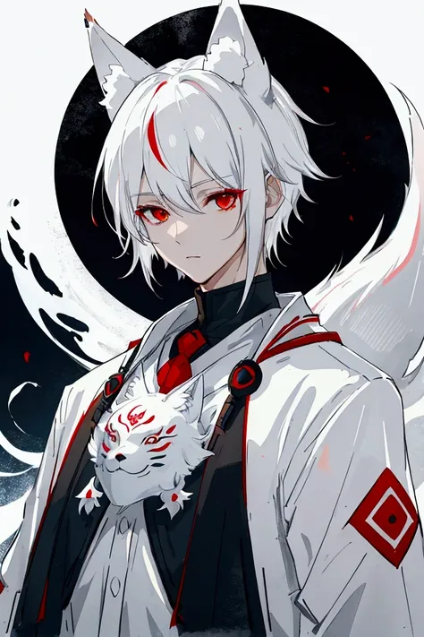 Silver hair, short hair, red eyes, cute face , White fox ears, nine white fox tails, There is a white fox mask on the top right of the head,white jacket,boy 