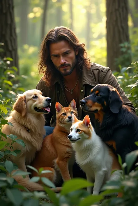 Handsome man, long hair, raising dogs, raising cats, in the middle of the forest