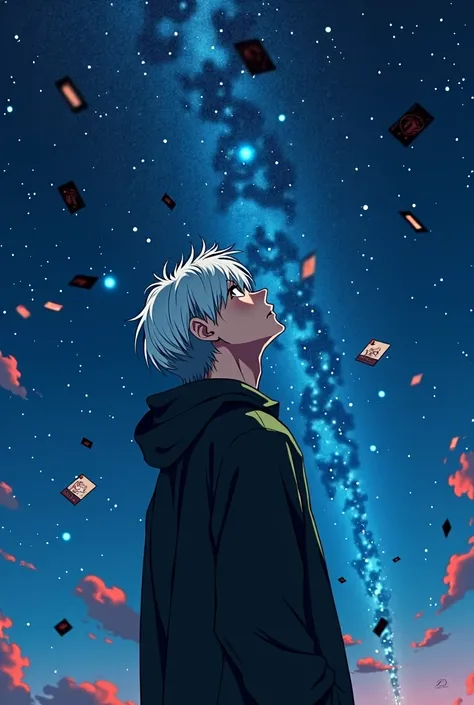 A man with white hair in a black windbreaker looking up at the starry night sky，The cards spun around him.，Anime style，Highly detailed，Film Lighting，dramatic，（Best quality，4K，8k，high resolution，masterpiece：1.2），Ultra Detailed，（lifelike，Photoreal，Photoreal：...