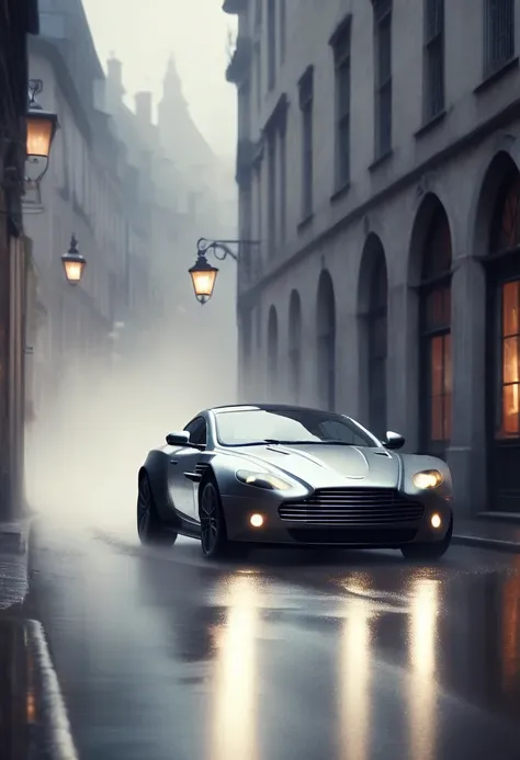 a silver-gray aston martin sports car, speeding down a wet cobblestone road at reflecting on the glossy surface, realistic, high...