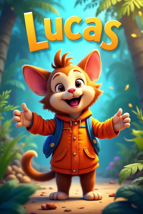 Create a flipbook cover Add Lucas&#39; name to the cover at the top center of the title. 
adding a domestic or jungle animal that is animated with clothes but is not fictional and is colorful.