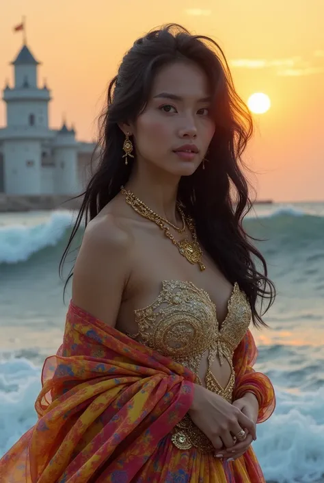 A captivating close-up photograph of a stunning beauty young indonesian woman wearing luxury outfit With slightly wavy black hair, shawl on hip and gold jewelry completed her majesty. Her shawl is flew away. she is seeing to camera while gracefully posing ...