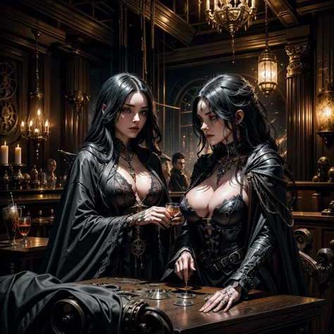 A seductive witch with long black hair and flowing robes, surrounded by intricate steampunk decor in a dimly lit club, sips a mysterious potion as she shares a table with the Grim Reaper, whose dark cloak and scythe cast ominous shadows. The air is filled ...