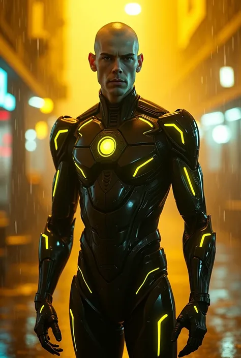 Create C.L.U. From Tron legacy in a rainy yellow neon cyberpunk background make them a white male make him more like C.L.U. From Tron legacy more like tron more like C.L.U. With yellow neon make the character like C.L.U. From Tron legacy make him in a futu...