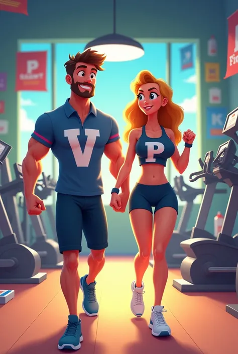 Draw a couple training animatedly in the gym, that the man wears the letter V on the polo shirt and the woman the letter P on her shorts