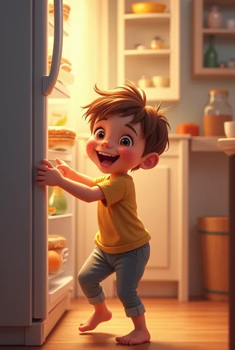 A picture of a happy child opening the refrigerator door with a big smile.