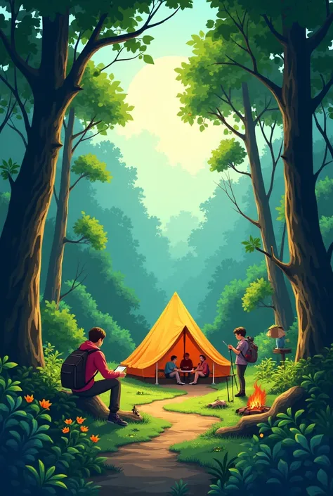 create a flyer design 1 :1 that contains a planting and forest camp grup background