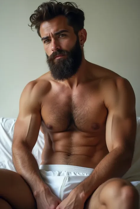 Young hairy bearded man with open leg in white underwear.