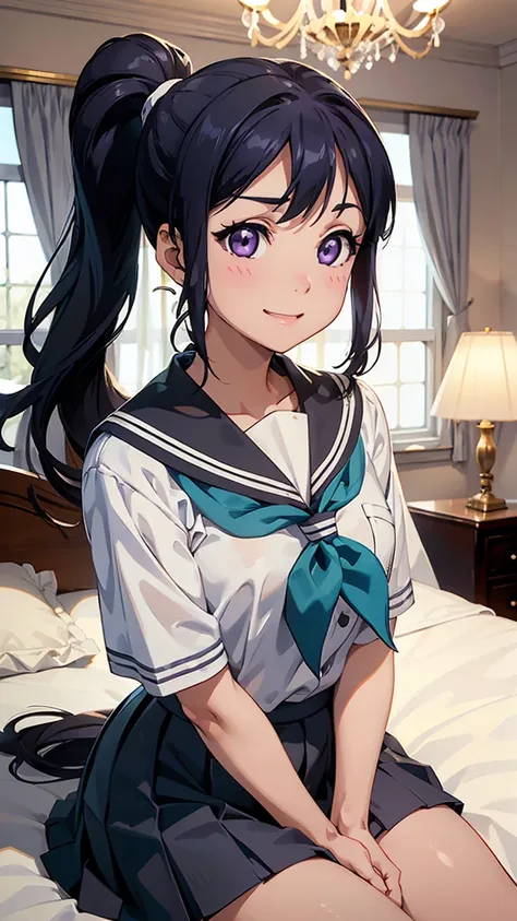 kanan matsuura, blue hair, long hair, ponytail, (purple eyes:1.1), sidelocks,aqua neckerchief, grey sailor collar, grey skirt, m...