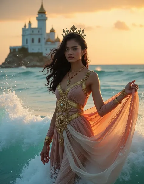 A captivating close-up photograph of a stunning beauty young indonesian woman wearing luxury outfit and tiara With slightly wavy black hair, shawl on hip and gold jewelry completed her majesty. Her shawl is flew away. she is seeing to camera while graceful...