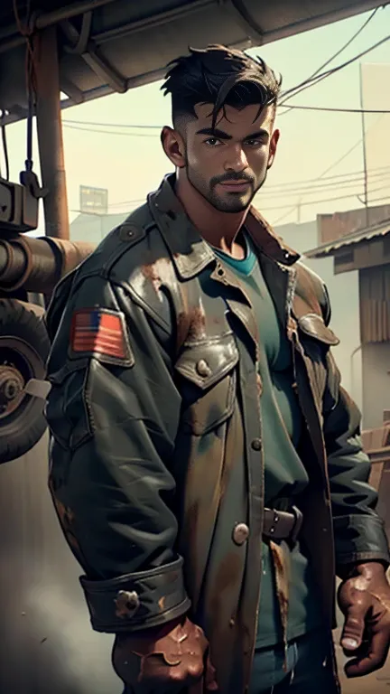 28 years old INDIAN car mechanic dark color body weared dirty mechanic tool jacket black grease stains on face and jacket