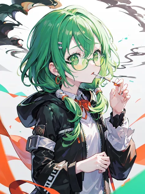 From Adobe,vocaloid GUMI,alone,(Dreadlocks:1.4),short hair,Both sides up,Hime cut,Braiding,(Hair Bun:0.7),(Wavy green hair:1.2),(Smoke everywhere:1.4),Earrings,Put the headset on your head,Cold Eyes,Vocaloid GUMI,He wears black-rimmed, orange-framed glasse...