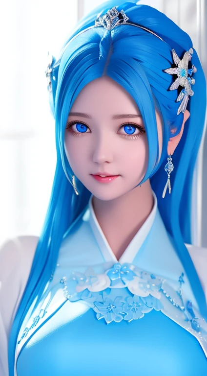 blue nine-tailed dragon girl, (bright blue hair), ((big hair)), double eyelid, perfect figure, nice face, perfect skin, blue eye...