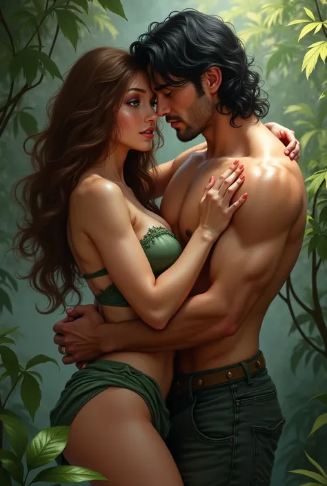 a nymph with tanned skin, green eyes and curly brown hair with a lush body next to her is a muscular and handsome man with dark blue eyes and raven hair. making love
