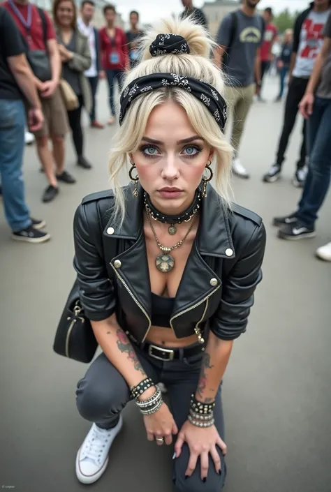 russian milf, platinum blonde hair in top bun , bandana as headband,with very light blue eyes, pale, heavy eye shadows. Sad face, big eyes, smeared make up. Wearing black moto jacket with side zippers cropped metal band t-shirt, black skinny jeans and whit...