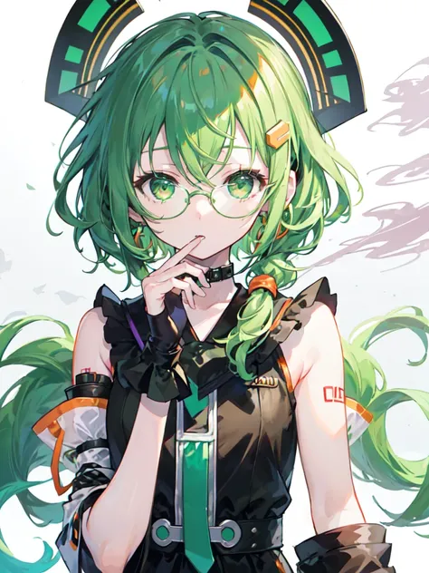 From Adobe,vocaloid GUMI,alone,(Dreadlocks:1.4),short hair,Both sides up,Hime cut,Braiding,(Hair Bun:0.7),(Wavy green hair:1.2),(Smoke everywhere:1.4),Earrings,Put the headset on your head,Straight eyes,Vocaloid GUMI,He wears black-rimmed, orange-framed gl...