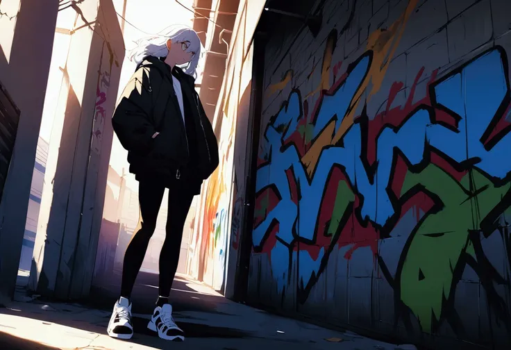 graffiti, sneakers , Full Image, High resolution、High contrast、、White Hair