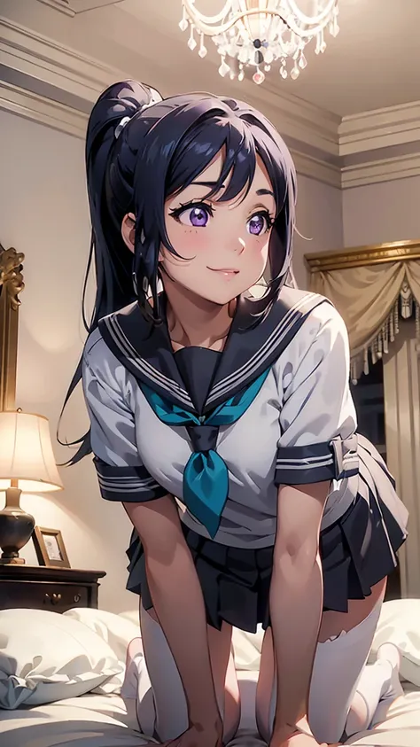 kanan matsuura, blue hair, long hair, ponytail, (purple eyes:1.1), sidelocks,aqua neckerchief, grey sailor collar, grey skirt, m...