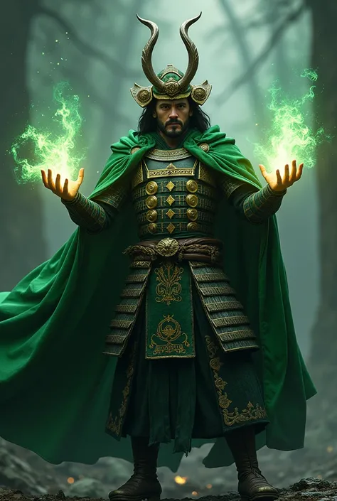 Loki in samurai armor, green cape, glowing magic hands