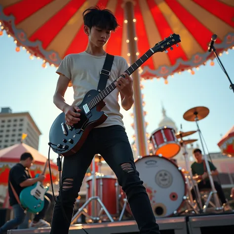 Photorealistic, 8k full body portrait, good looking, Handsome young asian  teenage 18 years old, playing electric guitar with his band on the stage. The background at daylight of carnaval playground Manhattan, New York, he is wearing T-shirt, ripped black ...