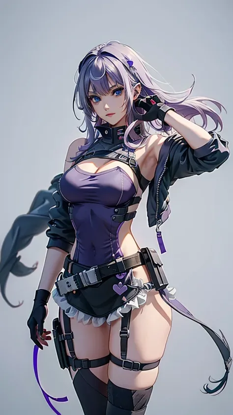 1girl,purple hairs, green inner hair, straight hair, blue eyes, very large breasts, sexy cyberpunk style, tactical jacket, cowboy shot, tactical clothes, leotard with blue trim, detached sleeves, fingerless gloves, gun holster belt,, garter straps, knee so...