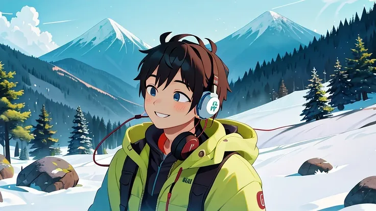 masterpiece,best quality,1man use earphone listening music,mountain,smile,dynamic