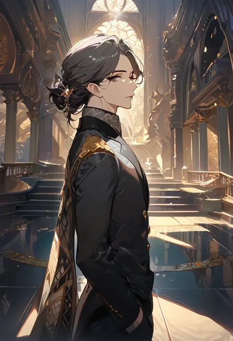 masterpiece, best quality, 8k ,4k , 1 male, elf, long ears elf, dark grayish hair, dark greenish eyes, hair ornament, finely detailed eyes and detailed face, looking at viewer, from side, meticulous clothes, formal clothes, combination of white and black c...