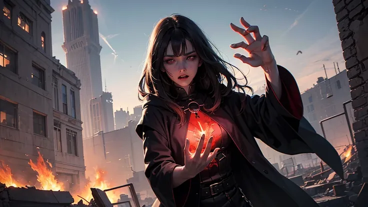 A haunting image of the Dark Queen, a spectral figure in flowing black robes, her face pale and filled with anguish. She hovers above the ruins of a once-grand desert city, with crumbling towers and streets strewn with bodies. Red energy emanates from her ...