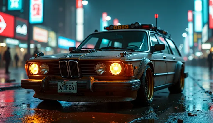 Cyberpunk BMW vintage armored wagon、Shallow depth of field、(masterpiece:1.3) (最high quality:1.2) (high quality:1.1)、Cinematic Light, ((Cinema Lighting),(Natural light),(High level of artistry),(artistic),(Indistinguishable quality from the real thing),RAW ...