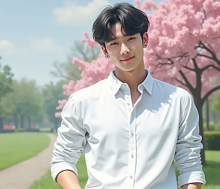 {high resolution}, {{male1名}}, {{Highest quality}}, , (8k, Highest quality, masterpiece:1.2, Very detailed), (Realistic, photoRealistic) , male, Ulzzang is cool, Handsome, Ulzzang, White shirt, Smiling with a park in the background, Hall々It is said that, m...